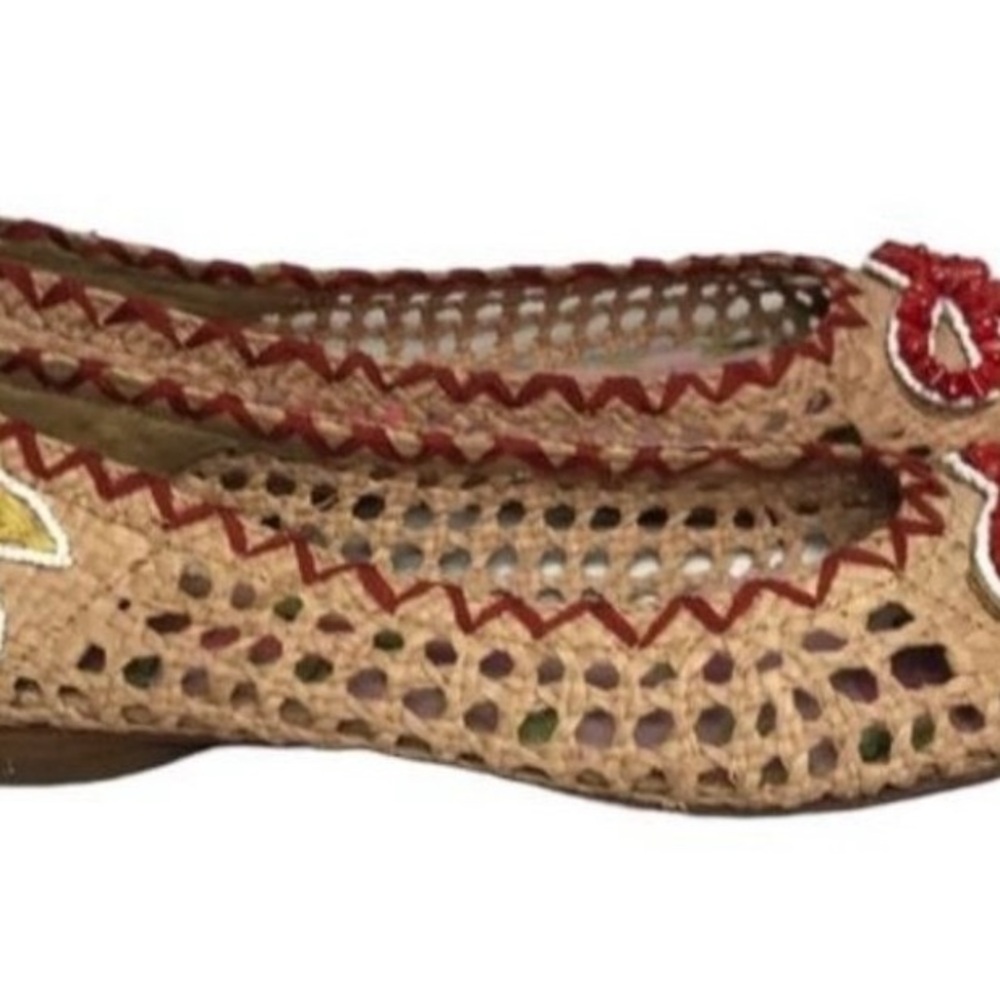 Betsey Johnson Tan Woven Flats with Red Accents